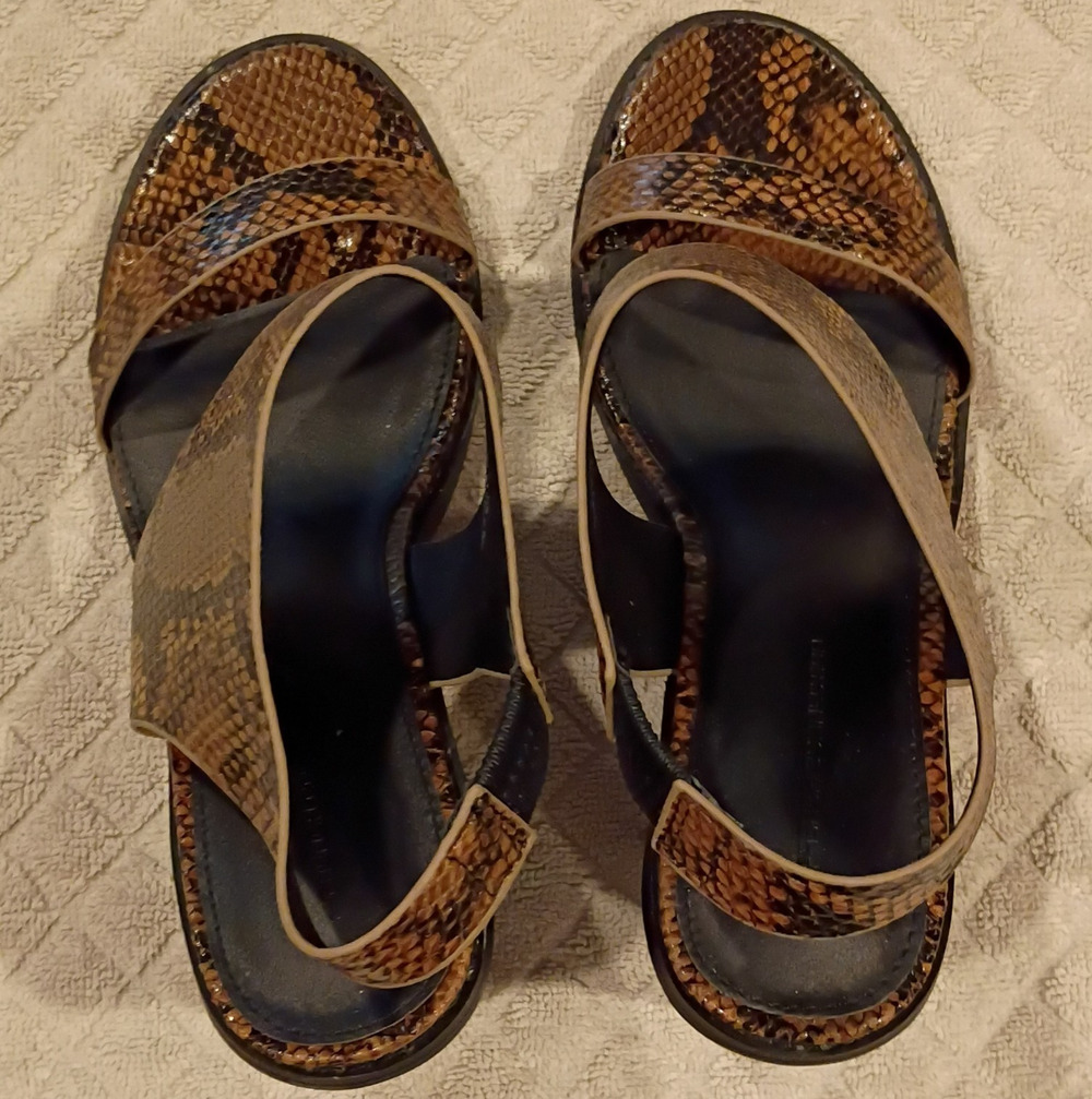 French Connection Brown/Black Leather Snake Print Strappy Block Heel Sandals 7